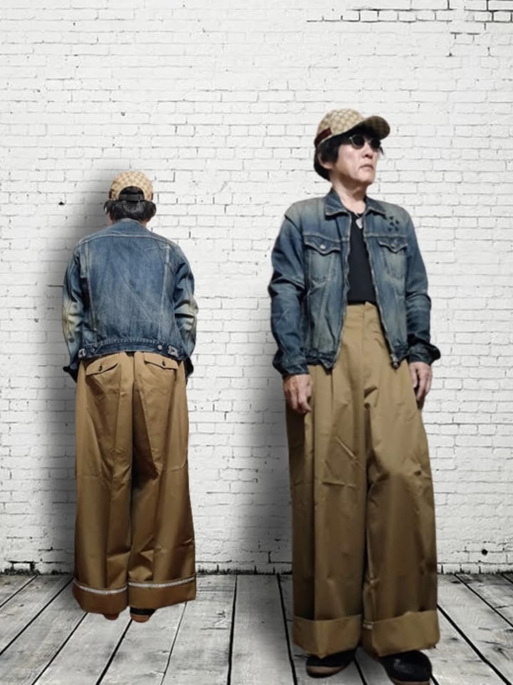 「春服デビュー宣言、春コーデ、いいね、save、フォローお願いします🤑、beautiful people、GU、UNDER COVER、デニムジャケット、キャップ、プチプラコーデ、ワイドパンツ、グランジ、GUCCI、ootd、スラックス、春」｜「Undercoverismのアンダーカバーの蠅Gジャン（デニムジャケット、ブルー系）」を使った、msg1961さん（メンズ・170cm）の春コーディネートの1枚目の写真