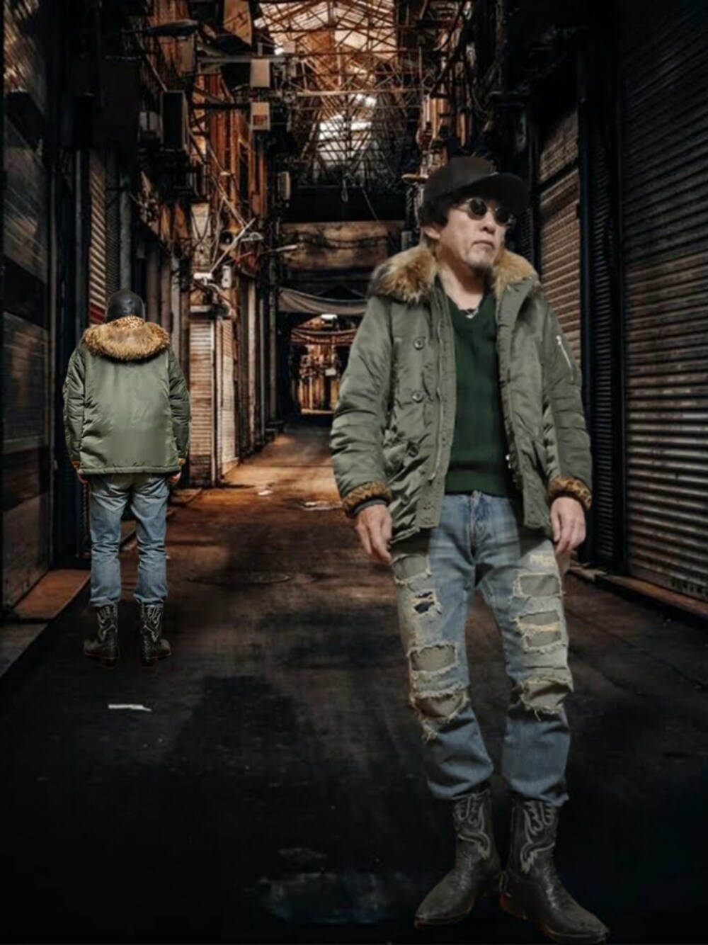 「ブーツ、ブーツスタイル、ブーツイン、ミリタリージャケット、M-65、中綿ジャケット、パデッドジャケット、ファージャケット、レオパード、ダメージデニムパンツ、グランジ、Vネック、ウエスタンブーツ、キャップ、レザーキャップ」｜「WTAPSのアイテム（ミリタリージャケット、グリーン系）」を使った、msg1961さん（メンズ・170cm）の冬コーディネートの1枚目の写真