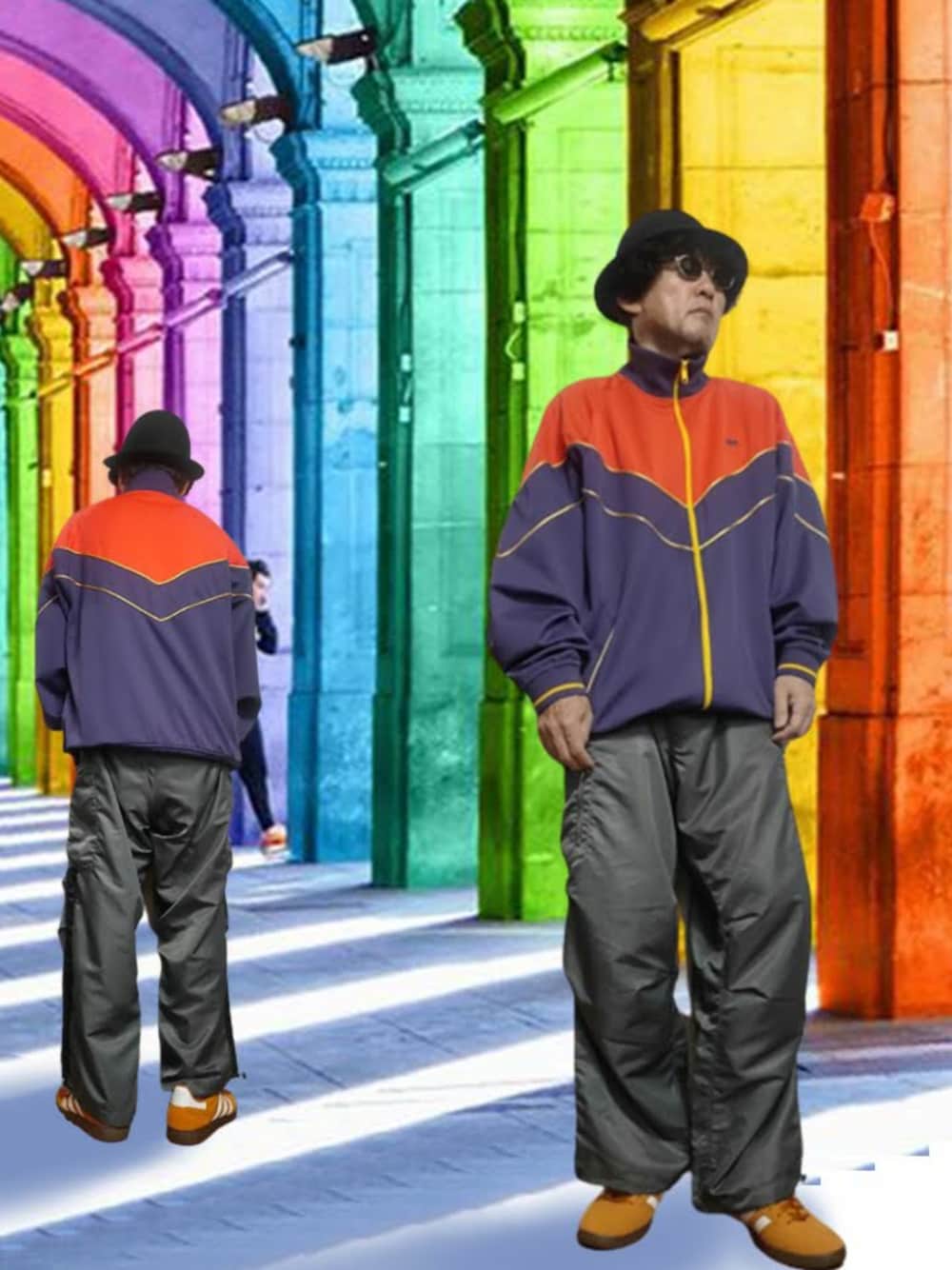 「カーゴパンツ、ナイロンパンツ、ワイドパンツ、サイドライン、ラインパンツ、トラックジャケット、ジャージ、スニーカー、ランニングシューズ、レースアップシューズ、ハット、ダービーハット、オレンジ、スポーツミックス、adidas」｜「VINTAGEのアイテム（ジャージ、オレンジ系）」を使った、msg1961さん（メンズ・170cm）の春コーディネートの1枚目の写真