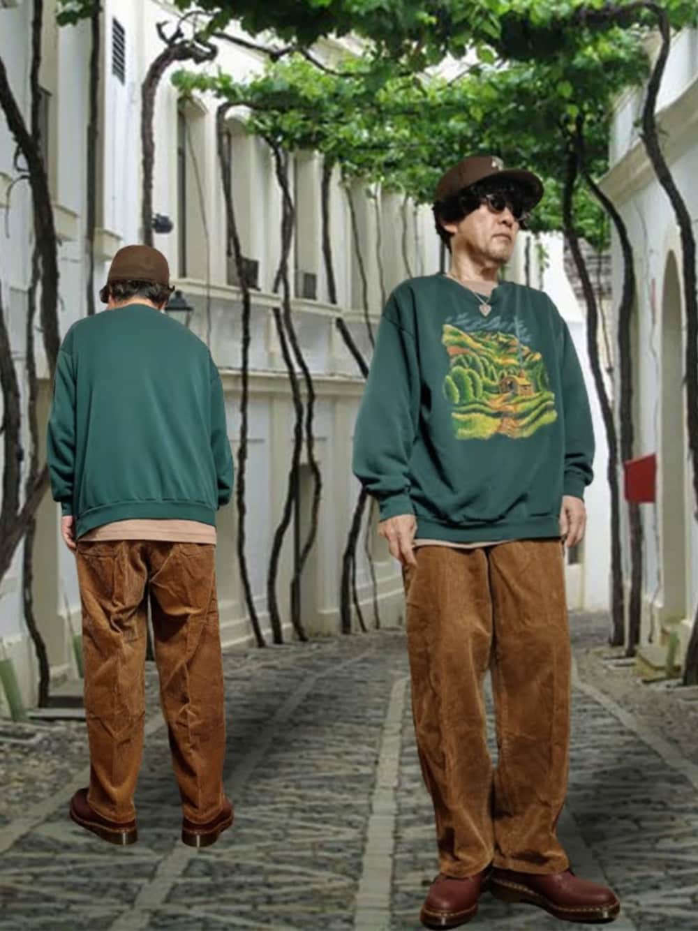 「スウェット、プリントスウェット、コーデュロイパンツ、ワイドパンツ、ペインターパンツ、革靴、Dr.Martens、古着、キャップ、NEW ERA、ロゴキャップ、グリーン、ブラウン、グリーン×ブラウン、ブラウン×グリーン」｜「VINTAGEのアイテム（スウェット、グリーン系）」を使った、msg1961さん（メンズ・170cm）の春コーディネートの1枚目の写真