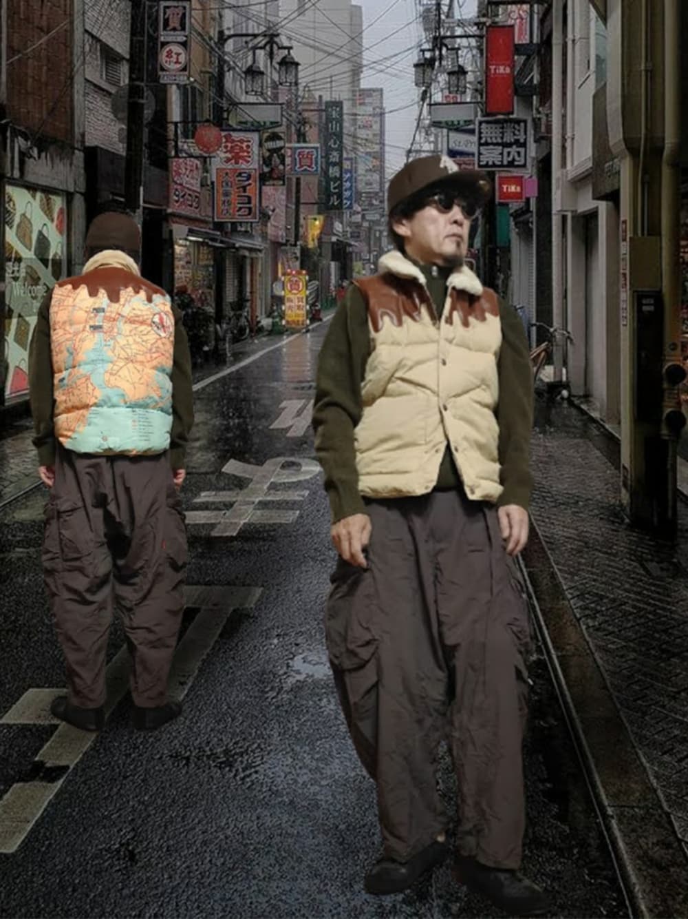 「カーゴパンツ、ダウンベスト、熱転写プリント、ハーフジップ、ハーフジップニット、ナイロンパンツ、ワイドパンツ、ジャーマントレーナー、ダンスシューズ、キャップ、スワロフスキー、ロゴキャップ、ストリート、ブラウン、ブラウン×グリーン」｜「BILLIONAIRE BOYS CLUBのアイテム（ベスト、ブラウン系）」を使った、msg1961さん（メンズ・170cm）の冬コーディネートの1枚目の写真