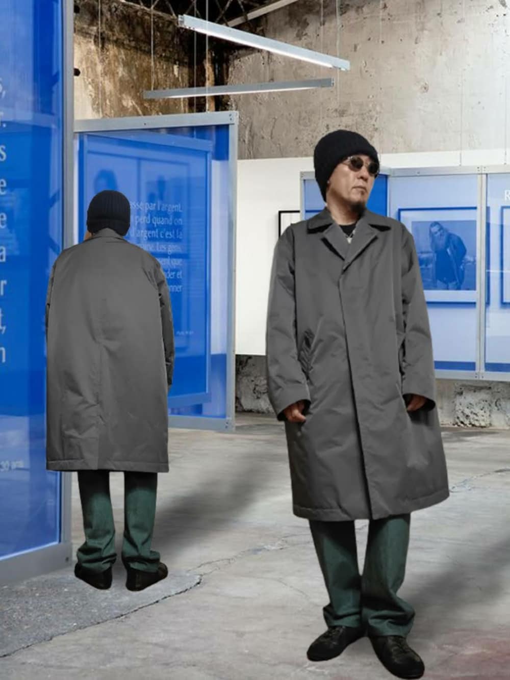 「プチプラ、ユニクロ、UNIQLO、UNIQLO+J、ステンカラーコート、カラーパンツ、ダンスシューズ、ジャーマントレーナー、ニット帽、ビーニー、グレー、グリーン、グレー×グリーン、グリーン×グレー、相互フォロー」｜「UNIQLOのアイテム（ステンカラーコート、グレー系）」を使った、msg1961さん（メンズ・170cm）の秋コーディネートの1枚目の写真