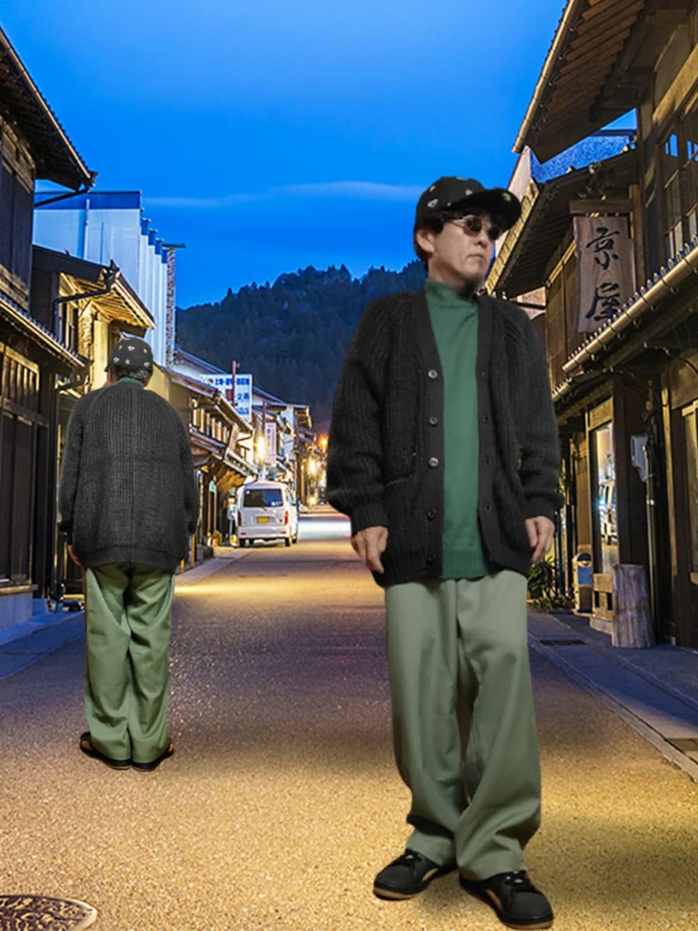 「カーディガン、キャップ、ハイネック、スラックス、ケーブルニット、NEW ERA、レースアップシューズ、ワイドパンツ、タックパンツ、ハイネックニット、グリーン×ブラック、ブラック×グリーン、モックネック、ケーブルカーディガン、モックネックニット」｜「GUのアイテム（カーディガン/ボレロ、ブラック系）」を使った、msg1961さん（メンズ・170cm）の秋コーディネートの1枚目の写真
