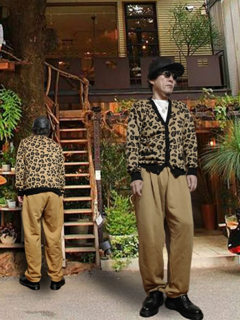 「レオパード、レオパード柄、カーディガン、白Tシャツ、シルバーアクセサリー、スウェットパンツ、ワイドパンツ、ギャザーパンツ、レザーシューズ、革靴、キャップ、レザーキャップ、NEW ERA、シンプルコーデ、古着」｜「VINTAGEのアイテム（カーディガン/ボレロ、ブラウン系）」を使った、msg1961さん（メンズ・170cm）の冬コーディネートの1枚目の写真