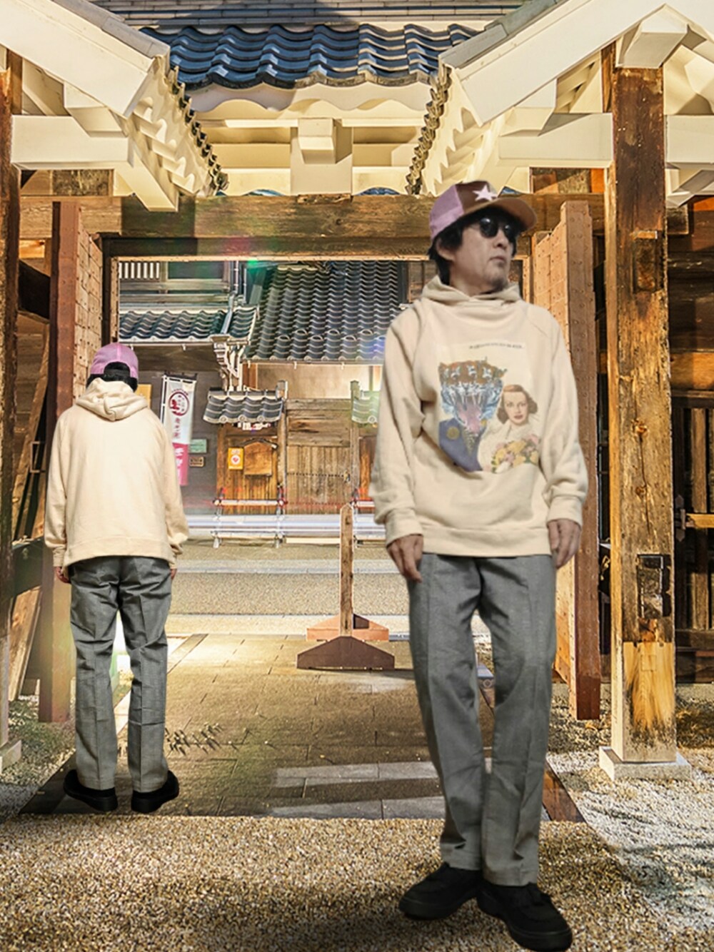 「グレー、ピンク、キャップ、パーカー、ローファー、スラックス、チェックパンツ、グレンチェック、スラックスパンツ、ピンク×グレー、パーカーコーデ、グレンチェック柄パンツ」｜「SON OF THE CHEESEのアイテム（パーカー、ベージュ系）」を使った、msg1961さん（メンズ・170cm）の秋コーディネートの1枚目の写真