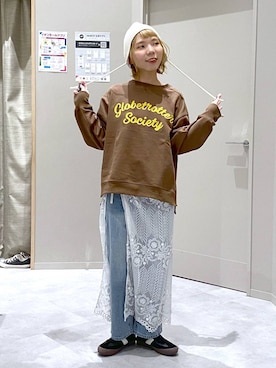 「GLOBAL WORK（グローバルワーク）のGOODデニムバギーパンツ/498388（デニムパンツ）」を使った、ちゃんさん（レディース・155cm）の秋コーディネート