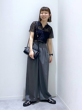 「GLOBAL WORK（グローバルワーク）のスペ軽お財布ショルダー2/580785（ショルダーバッグ、ブラック系）」を使った、ちゃんさん（レディース・155cm）の春コーディネート