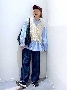 「GLOBAL WORK（グローバルワーク）のテープヤーンベスト/1048958（ベスト、ホワイト系）」を使った、ちゃんさん（レディース・155cm）の秋コーディネート