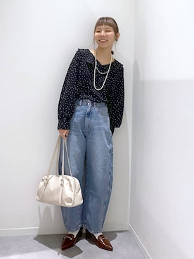 「GLOBAL WORK（グローバルワーク）のGOODデニムバレルパンツ/600980（デニムパンツ、ブルー系）」を使った、ちゃんさん（レディース・155cm）の春コーディネート