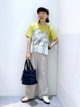 「GLOBAL WORK（グローバルワーク）のリッチクリーン透けにくいベーシックT/636788（Tシャツ/カットソー、イエロー系）」を使った、ちゃんさん（レディース・155cm）の春コーディネート