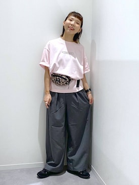 「GLOBAL WORK（グローバルワーク）のノンストレスリッチワイドパンツ/632962（その他パンツ、グレー系）」を使った、ちゃんさん（レディース・155cm）の夏コーディネート