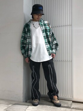 「A4A（エーフォーエー）のA4A/エーフォーエー/40s強撚糸ラウンドTシャツ（Tシャツ/カットソー）」を使った、アライトモヤさん（メンズ・170cm）の秋コーディネート