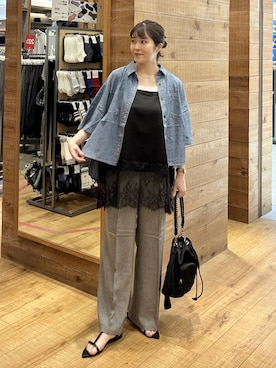 「GLOBAL WORK（グローバルワーク）のスッキリイージーパンツ/629832（その他パンツ、グレー系）」を使った、mariさん（レディース・159cm）の夏コーディネート