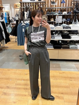 「GLOBAL WORK（グローバルワーク）のお手入れラクラクセットアップ/ワイドパンツ/611216（その他パンツ、グレー系）」を使った、mariさん（レディース・159cm）の春コーディネート