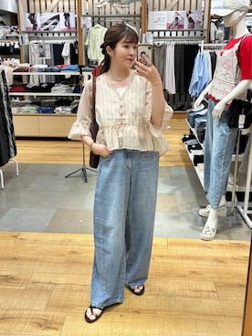 「GLOBAL WORK（グローバルワーク）のGOODデニムバレルCOOL/627009（デニムパンツ、ブルー系）」を使った、mariさん（レディース・159cm）の夏コーディネート