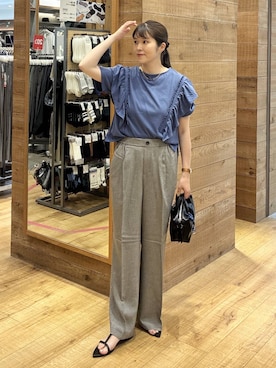 「GLOBAL WORK（グローバルワーク）のスッキリイージーパンツ/629832（その他パンツ、グレー系）」を使った、mariさん（レディース・159cm）の夏コーディネート