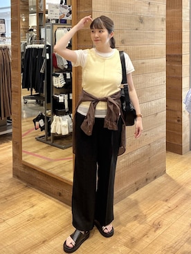 「GLOBAL WORK（グローバルワーク）のスッキリイージーパンツ/629832（その他パンツ、ブラック系）」を使った、mariさん（レディース・159cm）の夏コーディネート