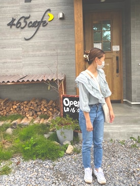 「MOUSSY（マウジー）のMVS SKINNY（デニムパンツ）」を使った、らっせーらー♡さん（レディース・158cm）の秋コーディネート