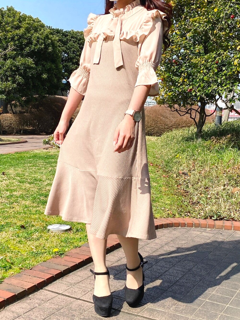 「春服、春夏コーデ、低身長コーデ、お花見コーデ、ピンクコーデ、toccocloset、tocco、スタッフコーデ」｜「tocco closetのリボン＆フリル付きジョーゼット切り替えリブカットソーワンピース（ワンピース、ピンク系）」を使った、tocco closet_JoinusYokohamaさん（レディース・148cm）の春コーディネートの1枚目の写真
