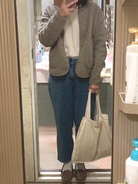 「UNIQLO（ユニクロ）のフリースノーカラージャケット（長袖）（その他アウター）」を使った、yunakoさん（レディース・158cm）の冬コーディネート