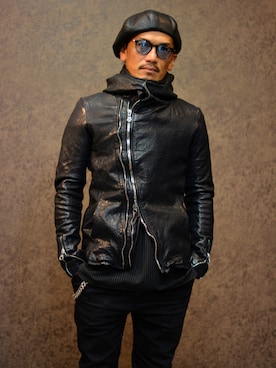 「ISAMU KATAYAMA BACKLASH（イサムカタヤマバックラッシュ）のアイテム（ハンチング/ベレー帽）」を使った、Mojaさん（メンズ・166cm）の冬コーディネート