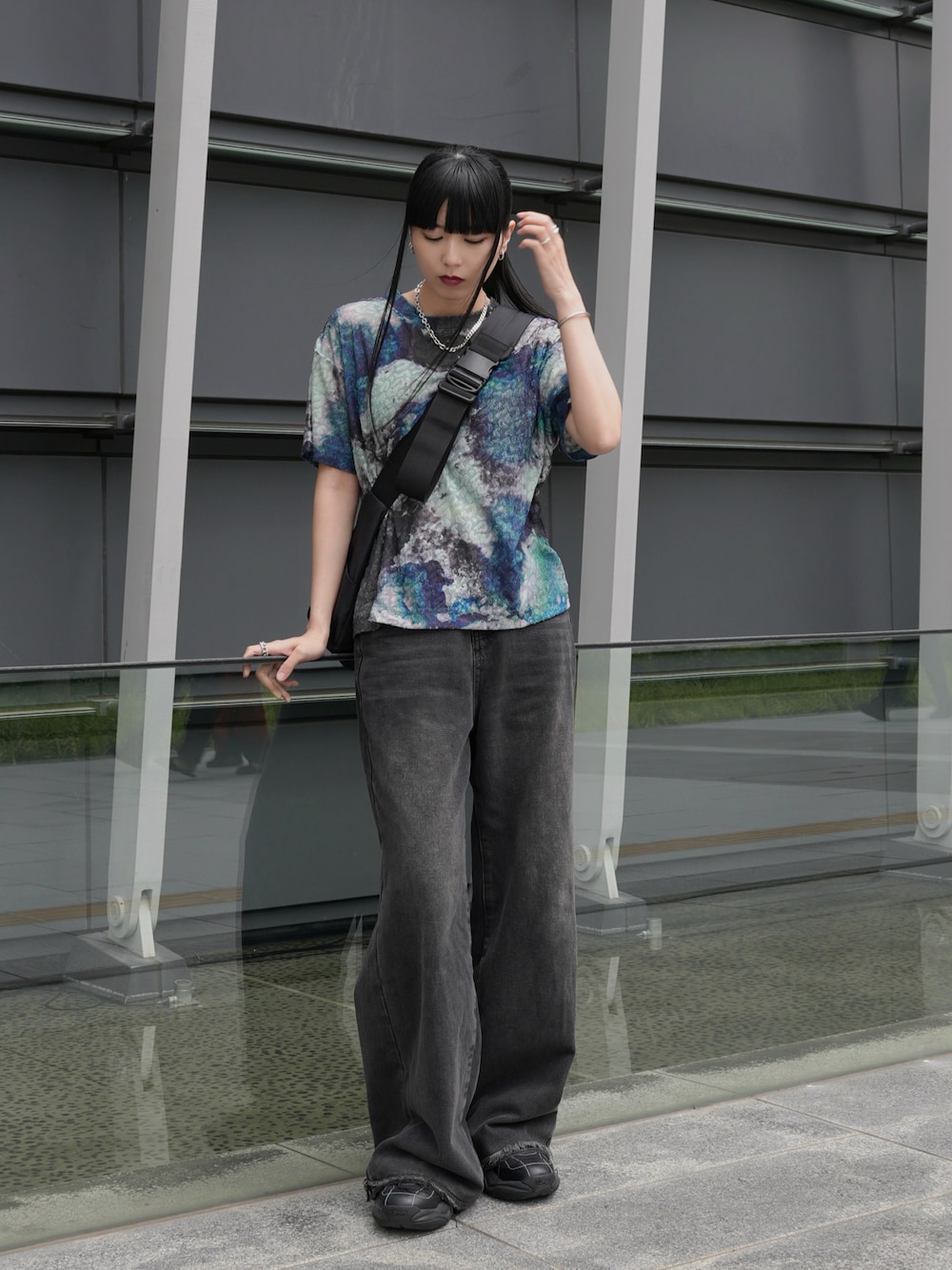 「CASPER JOHNのSheer jacquard T-shirts/シアージャガードTシャツ（Tシャツ/カットソー、グリーン系）」を使った、sayacasperjohnさん（レディース・160cm）の夏コーディネートの1枚目の写真