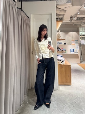「mystic（ミスティック）の【新色NVY・BRN・BLU2/3サイズ展開】バレルBIGデニム（デニムパンツ）」を使った、ayanoさん（レディース・173cm）の秋コーディネート