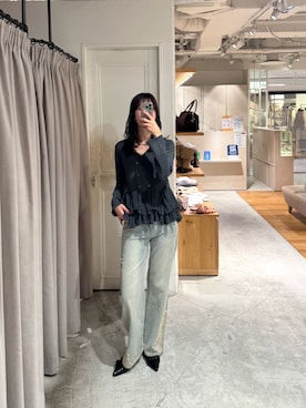 「mystic（ミスティック）のペプラムダブルボタンニット（ニット/セーター、グレー系）」を使った、ayanoさん（レディース・173cm）の秋コーディネート