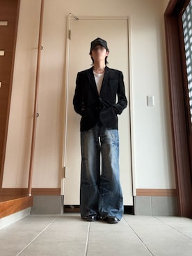 「usedのアイテム（テーラードジャケット、ブラック系）」を使った、da_sonoさん（メンズ・171cm）の春コーディネート