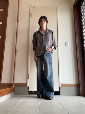 「GRANCY（グランシー）の【GRANCY】Vintage Fade Open-collar Shirt / ヴィンテージフェードオープンカラーシャツ（シャツ/ブラウス、グレー系）」を使った、da_sonoさん（メンズ・171cm）の春コーディネート