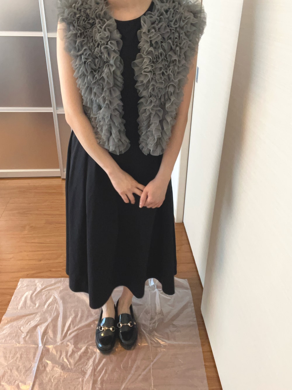 「梅雨、雨の日コーデ、レインシューズ」｜「UNIQLOのアイテム（ワンピース/ドレス、ブラック系）」を使った、muuu95さん（レディース・153cm）の夏コーディネートの1枚目の写真