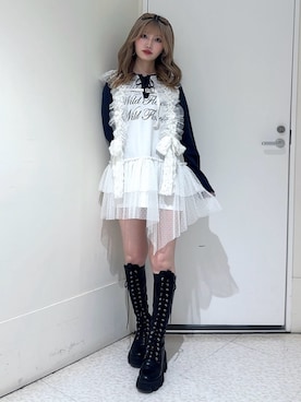 「jouetie（ジュエティ）のヘムフリルラグランワンピース（ワンピース、ホワイト系）」を使った、SAKURAKOさん（レディース・161cm）の春コーディネート