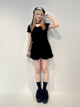 「jouetie（ジュエティ）の【kaorinomori×jouetie】ルモアスタッズベレー（ハンチング/ベレー帽、ブラック系）」を使った、SAKURAKOさん（レディース・161cm）の夏コーディネート