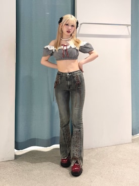 「jouetie（ジュエティ）のコットンレースフリルオフショルスイムウェア（水着、ブラック系）」を使った、SAKURAKOさん（レディース・161cm）の夏コーディネート