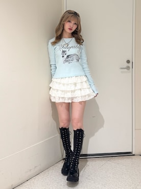 「jouetie（ジュエティ）のレースティアードミニスカート【セットアップ対応】（スカート、ホワイト系）」を使った、SAKURAKOさん（レディース・161cm）の春コーディネート