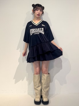 「jouetie（ジュエティ）の【LONSDALE×jouetie】ユニフォームワンピース（ワンピース、ブルー系）」を使った、SAKURAKOさん（レディース・161cm）の春コーディネート