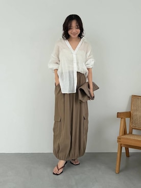「BABYLONE（バビロン）のラミーシアーカシュクールシャツ（シャツ/ブラウス、ホワイト系）」を使った、namikaさん（レディース・158cm）の夏コーディネート