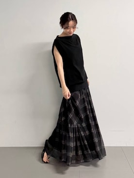 「BABYLONE（バビロン）のガーゼ裏毛ドレーププルオーバー［洗濯可］（Tシャツ/カットソー、ブラック系）」を使った、namikaさん（レディース・158cm）の夏コーディネート