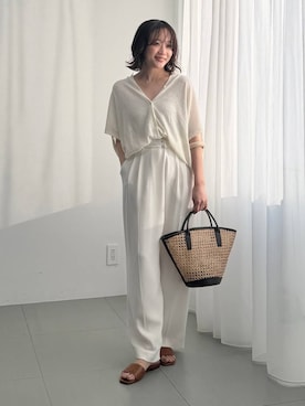 「BABYLONE（バビロン）のコットンリネンフォルムカーデ（カーディガン/ボレロ、ホワイト系）」を使った、namikaさん（レディース・158cm）の春コーディネート