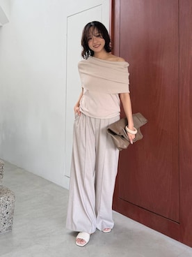 「BABYLONE（バビロン）の【多機能素材】リネンライクパンツ（スラックス、ベージュ系）」を使った、namikaさん（レディース・158cm）の夏コーディネート