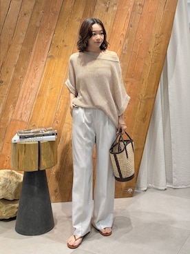 「BABYLONE（バビロン）のペーパーフレンチ袖プルオーバー（ニット/セーター、ベージュ系）」を使った、namikaさん（レディース・158cm）の夏コーディネート