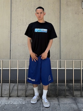 「XLARGE（エクストララージ）のPRODUCTION LOGO S/S TEE（Tシャツ/カットソー、ブラック系）」を使った、香村大貴さん（メンズ・165cm）の夏コーディネート