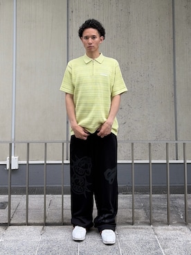 「XLARGE（エクストララージ）のSTRIPED KNIT POLO SHIRT（ポロシャツ、ホワイト系）」を使った、香村大貴さん（メンズ・165cm）の夏コーディネート
