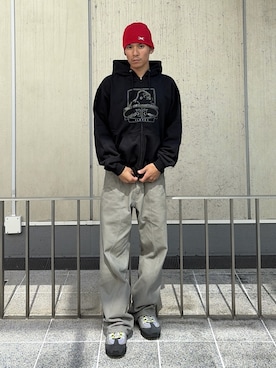 「XLARGE（エクストララージ）のCOOLMAX X BEANIE（ニットキャップ/ビーニー、レッド系）」を使った、香村大貴さん（メンズ・165cm）の夏コーディネート
