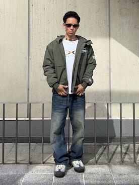 「XLARGE（エクストララージ）のX LOGO RAGLAN L/S TEE（Tシャツ/カットソー、ホワイト系）」を使った、香村大貴さん（メンズ・165cm）の秋コーディネート