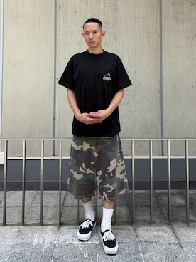 「XLARGE（エクストララージ）のCAMO SLANTED OG S/S TEE（Tシャツ/カットソー、ブラック系）」を使った、香村大貴さん（メンズ・165cm）の夏コーディネート