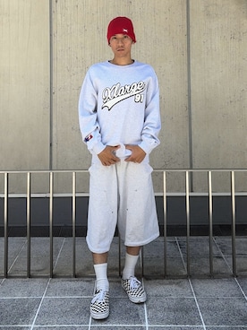 「XLARGE（エクストララージ）のCOOLMAX X BEANIE（ニットキャップ/ビーニー、レッド系）」を使った、香村大貴さん（メンズ・165cm）の夏コーディネート