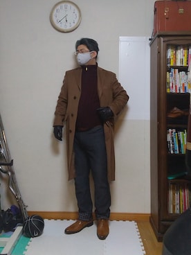 「no brand（ノーブランド）のアイテム（チェスターコート）」を使った、加藤智雅さん（メンズ・172cm）の冬コーディネート