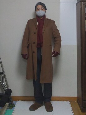 「no brand（ノーブランド）のアイテム（チェスターコート）」を使った、加藤智雅さん（メンズ・172cm）の冬コーディネート