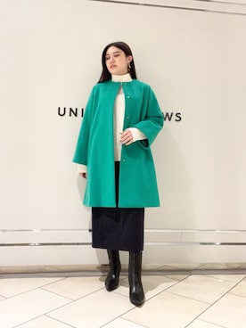 「ビジネススタイル」｜「アイテム（ノーカラーコート）」を使った、矢作（yahagi）さん（レディース・158cm）の冬コーディネート
